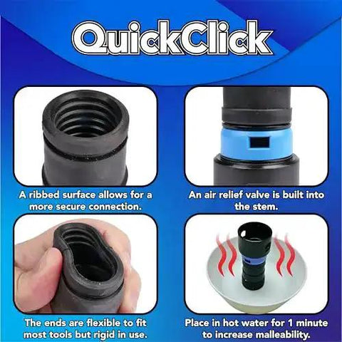 Four close-up views of flexible end, ribbed surface, air relief valve, and heating method of Sixteen Foot Flexible Vacuum Hose For Home And Shop Use With Multi Brand Dust Collection Adapters And A Full Attachment Kit In Black Featuring One And A Quarter Inch Diameter For Serious Dust Cleanup And Smooth Tool Compatibility.