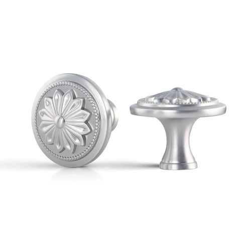 Decorative cabinet knobs, flower design, satin nickel finish, front and side view
