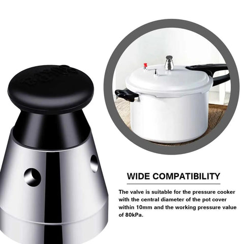 Pressure cooker jigger valve with black cap on stainless steel body; universal exhaust valve