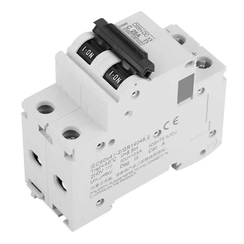 2P Low Voltage DC Miniature Circuit Breaker for Solar Panel Grid Systems 25A, front view, showing dual toggle switches.