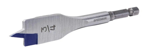 Speedbor Spade Wood Drill Bit Three Quarter Inch By Four Inch With Chamfered Cutting Edges And Blue Groove Parabolic Scoop