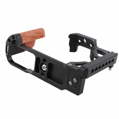 Wood Handle Metal Camera Cage for ZFC With Vertical Rig Design Cold Shoe Mount And Multiple One Quarter Inch And Three Eighths Inch Screw Holes For Attaching Top Handles Monitors And Tripods
