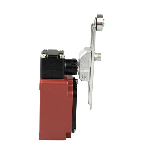 Adjustable roller limit switch with red housing, black actuator, and metal mounting plate with roller wheel.