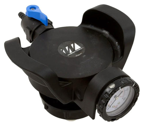 Waterway pressure relief valve assembly, black body with blue lever and gauge, HD 550-6730