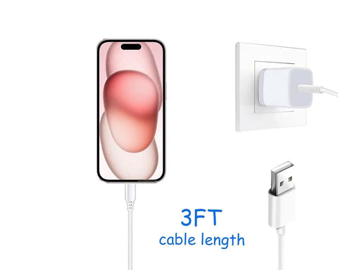 CarPlay USB A To USB C Cable For iPhone 17 16 15 And iPad Pro connected to iPhone, 3ft length shown, plugged into wall charger.