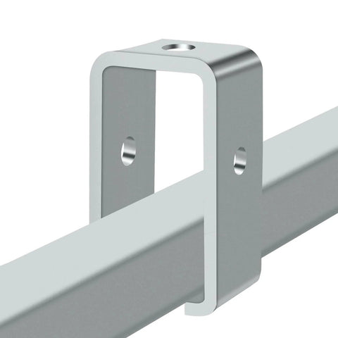 Close-up view of Ten Pack Strut Channel Trolley Track Hanger Brackets for Unistrut P1834EG on a one and five eighths inch channel.