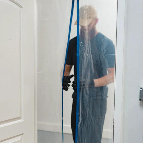 E-Z UP Magnetic Dust Containment Door Kit: clear plastic door with blue frame for dust control.