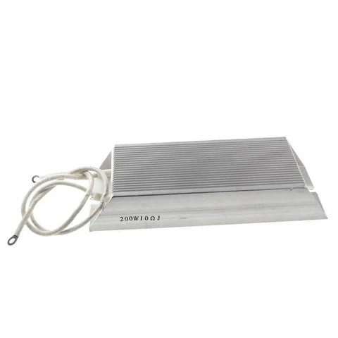 Aluminum-cased 200W power resistor with ribbed heatsink and attached white leads.