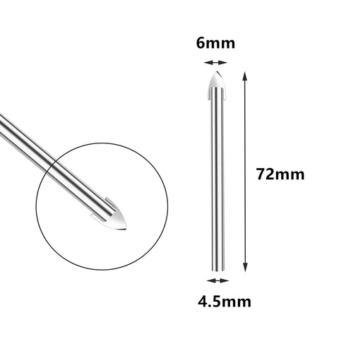 All-In-One Multi Material Glass Drill Bits Set With 6mm Carbide Tip And 1/4 Inch Round Shank, close-up of drill bit dimensions
