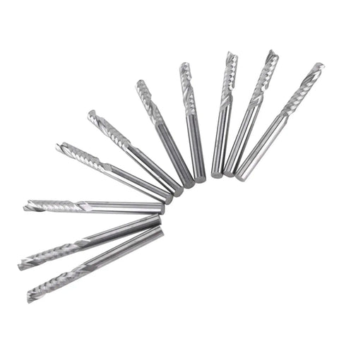End Mill Bits Set Of Ten With One Eighth Inch Shank Single Flute CNC Router Bits Tungsten Carbide Pro Grade For Wood Aluminum Steel PCBs