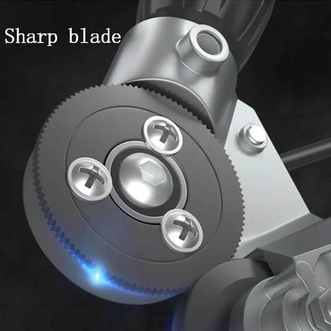 Close-up of electric drill plate cutter nibbler attachment showing sharp carbon steel blade for fast metal cutting.