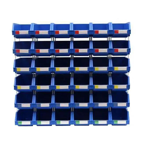 Front view of stacked Blue Heavy Duty Thermoplastic Storage Bin Organizer Built To Last, Stackable And Hangable With Side Connect, Ideal For Tools, Parts, Crafts And More, Compact 3.5 By 5.2 By 2.1 Inches, 2 Pack