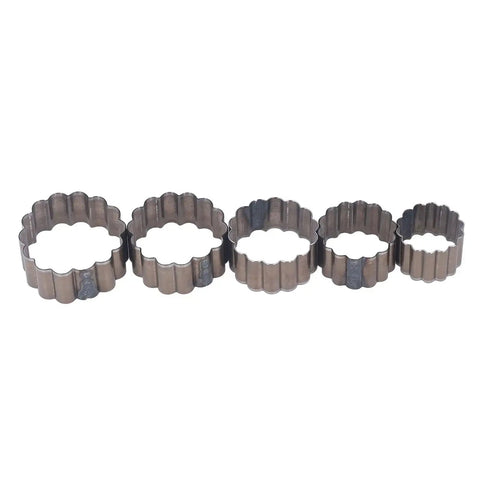 Five Piece Flower Shaped Leather Cutter Set With Alloy Steel Hollow Punch Tools Ranging From 30mm To 50mm for DIY leather craft projects.