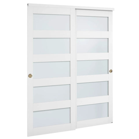 Space Saving Sliding Closet Doors Kit For 60 Inch Opening, 31 Inch Panels, 80 Inch High Frosted Glass 5 Lite Double Doors shown