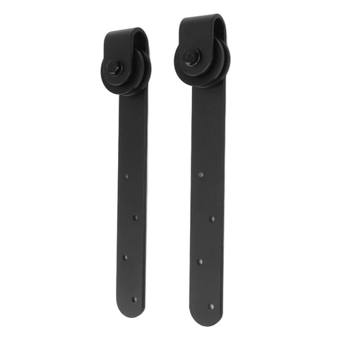 Black metal rollers from Sliding Barn Door Hardware Kit With Smooth Quiet Track For Single Or Double Bypass Doors Rustic Farmhouse Style Wooden Barn Door Rail System For Easy Whisper Quiet Sliding And Smooth No Brainer Operation.