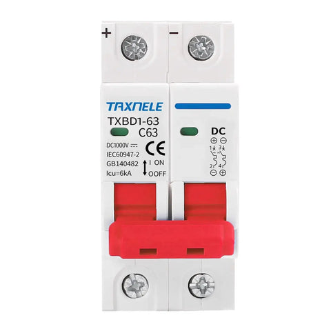Front view of 2P 1000V 63A Solar DC Mini Circuit Breaker With Thermal Magnetic Trip, DIN Rail Mount DC Disconnect Switch.
