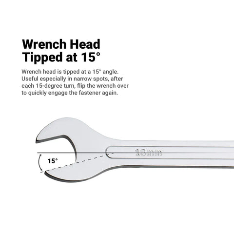 Ultra Thin Open End Wrench For Tight Clearance SAE One Half Inch By Nine Sixteenths Inch, Fifteen Degree Angled Head
