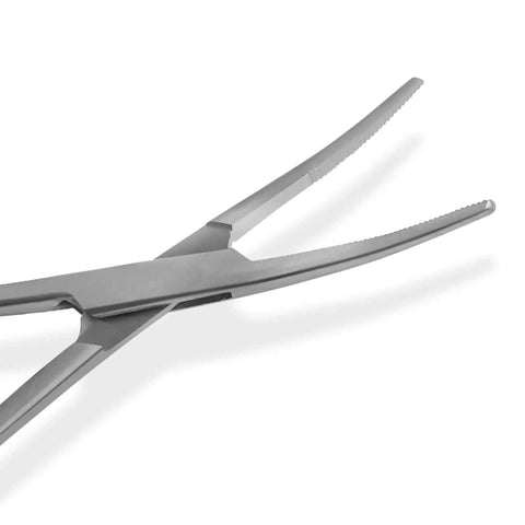 Close-up of curved hemostat from Two Pack 5 Inch Stainless Steel Fishing Forceps Set With Curved And Straight Hemostats, Serrated Jaws