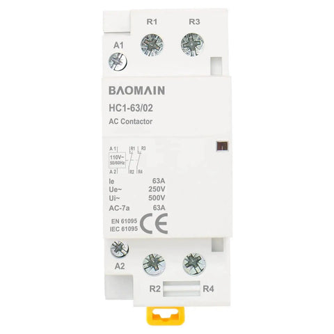 Workhorse 63 Amp Two Pole DIN Rail Mount Contactor With 110V AC Coil, 2NC shown in front view