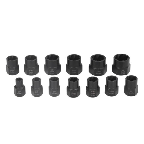 Heavy Duty Nut And Bolt Extraction Tool Kit For Rusted Damaged And Stripped Fasteners, 13 Piece Chrome Molybdenum Steel Socket Set