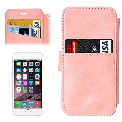 Pink phone wallet case with card slots shown with iPhone and cards.