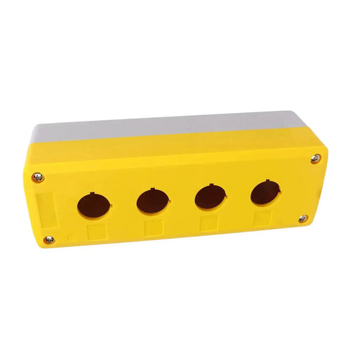 Front view of Push Button Control Station Box Four-Gang Industrial Grade ABS Plastic Enclosure, yellow, IP65 water-resistant.