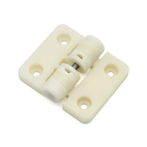 XK551B resin positioning hinge, white plastic door hinge with four screw holes and central pivot.