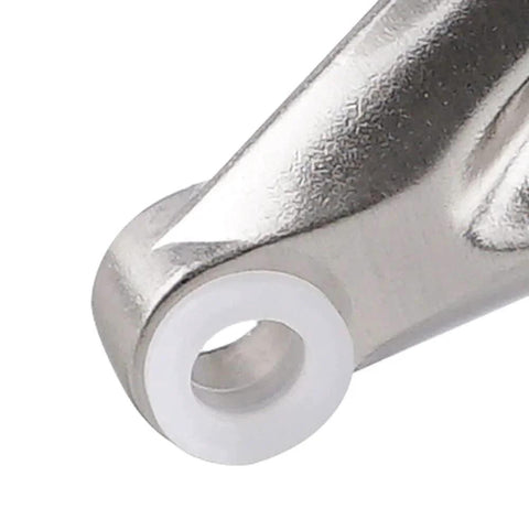Close-up of Adjustable Heavy Duty Hinge Pin Door Stopper in brushed satin nickel with gray rubber tip, no-drill installation.