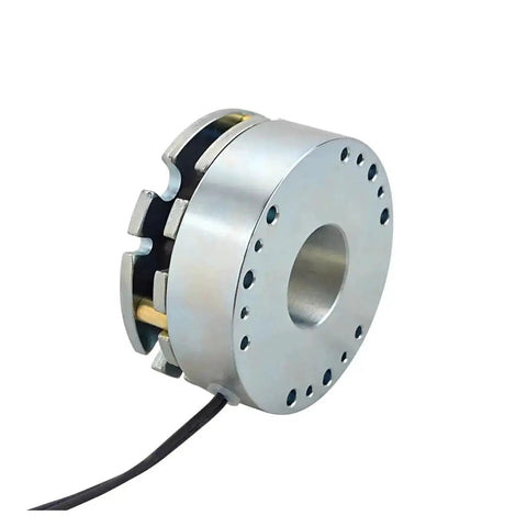 Front view of DC electromagnetic brake, 24V, 4.0 Nm, silver metal housing with mounting holes.