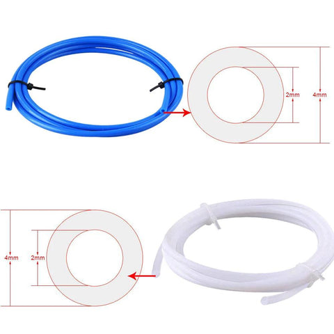 PTFE tubing set: blue 1m tubing and white tubing with 4mm outer and 2mm inner diameters.