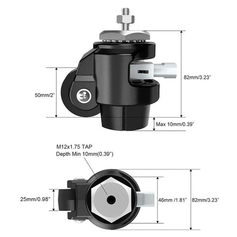 Leveling Stem Casters For Workbenches Heavy Duty 360 Degree Swivel Wheels With Upgraded Ergonomic Handle And Ratchet Arm For Easy Height Adjustment Self Leveling 4 Pack 2200 LBS Capacity, side view with dimensions