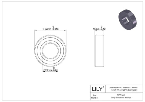 Technical diagram and side view of Heavy Duty 10 Pack 6205 ZZ Ball Bearings 25x52x15mm Double Metal Shielded for machinery