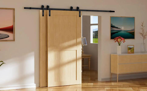 12 Foot Bypass Sliding Barn Door Hardware Kit With Single Track For Double Doors displayed in modern interior setting