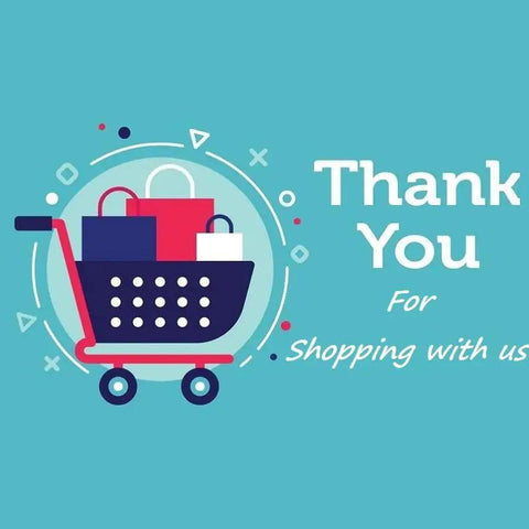 Graphic of a shopping cart filled with bags and text saying 'Thank You for Shopping with Us' on a teal background.