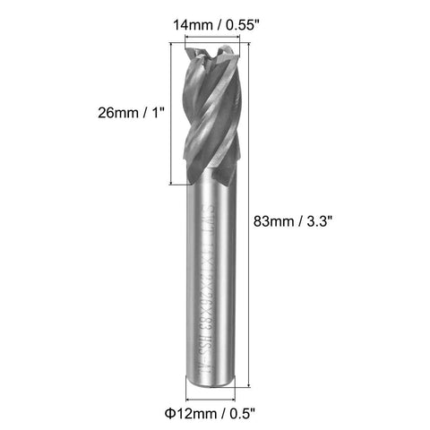 14x12x26x83 mm Helical Groove 4 Flute HSS AL End Mill With Straight Shank Spiral Cutter, shown with dimensions