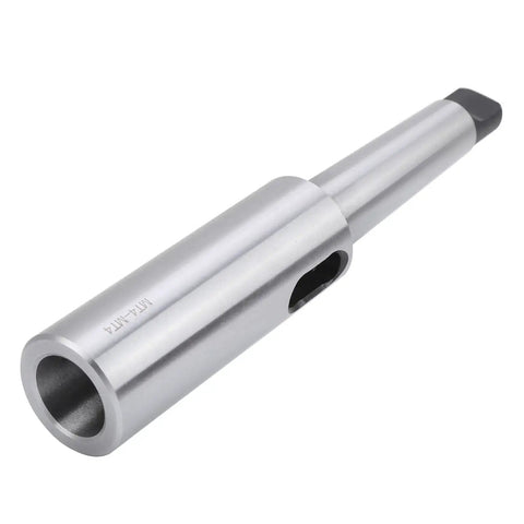 Side view of MT4 to MT4 taper drill sleeve reducing adapter; metal cylindrical body with side through-hole.