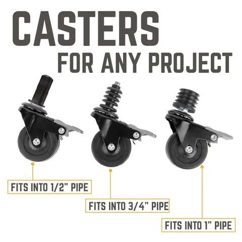 Swivel Caster Wheels For Three Quarter Inch Pipe Four Pack With Locking Mechanism, tool free assembly, for tables and carts.