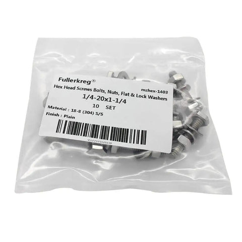 Bag of Ten Sets Of One Quarter Twenty Thread By One And A Quarter Inch Stainless Steel Hex Head Screws Bolts With Nuts Flat Washers And Lock Washers 18-8 304 Stainless Fully Threaded Heavy Duty Hardware Kit Built Tough For Construction And DIY Projects By Bolt