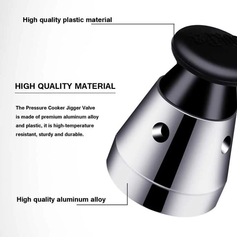 Pressure cooker jigger valve, exhaust valve; aluminum alloy body, silver with black cap.