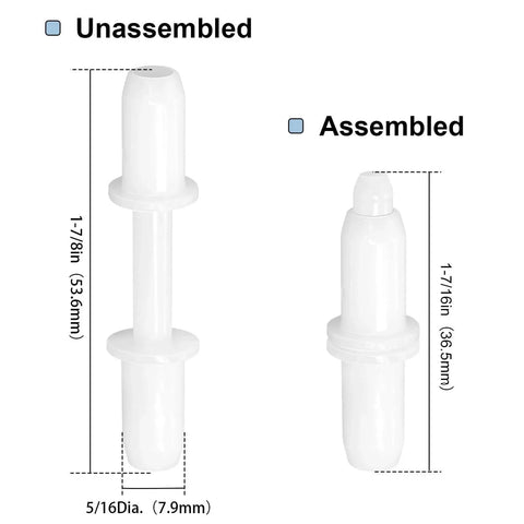 Unassembled and assembled view of Six Sets Of 1-7/16 Inch Screen And Storm Door Hinge Pin Kit With White Nylon Pins And Bushings