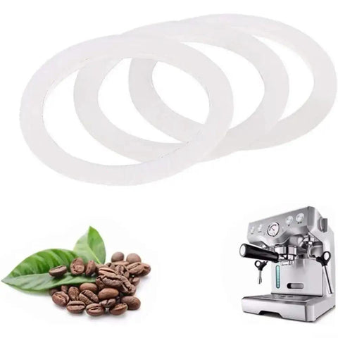 Premium Silicone Moka Pot Gasket Seal Replacement For Stovetop Espresso Makers Fits 2, 4, 6, 9 Cup Pots Easy Install Durable Rubber Ring Keeps Brews Rich, Leak Free, shown with coffee machine and beans.