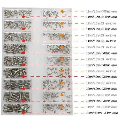 Stainless Steel Silver Micro Screws Set for Glasses and Watches, Metric Tiny Screws M1.2 M1.4 M2.0 organized in compartments