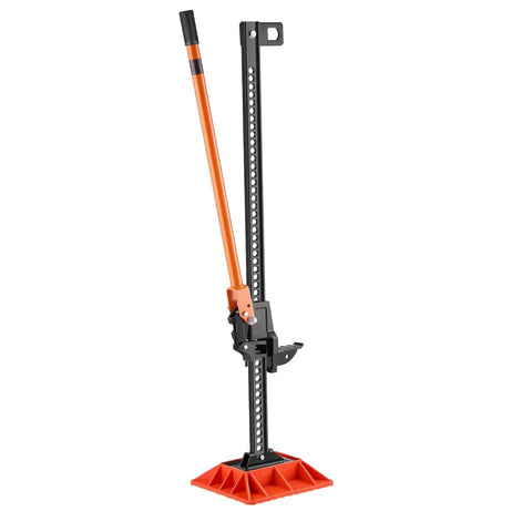Ratcheting Off Road Farm Jack 7000 Lb Capacity 5.12 To 42.5 In Lift Range, featuring orange handle and base, heavy-duty metal construction