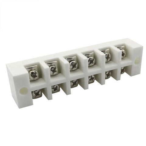 6-position porcelain ceramic terminal block with screw terminals in white housing for high-temp electrical connections