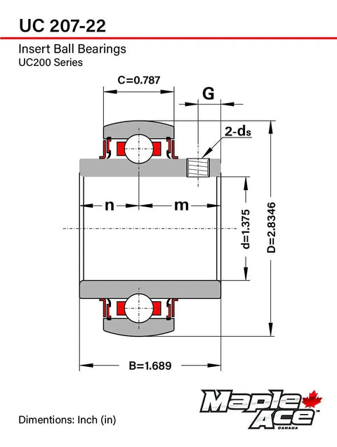 Technical diagram of Heavy Duty Insert Bearing With One And Three Eighths Inch Bore Spherical Outer Diameter R3 Triple Lip Seal.
