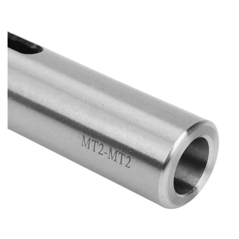 Close-up of metal taper sleeve adapter MT2-MT2 for lathe, silver finish, 1 pc