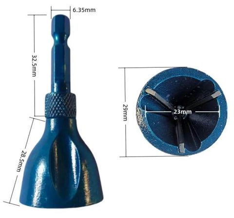 Pro Grade Deburring External Chamfer Tool With Tungsten Carbide Blade, blue, side and top view, measurements shown