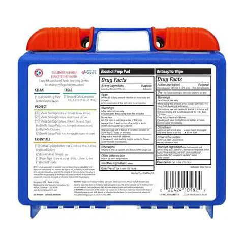Back view of Grab And Go 110 Piece First Aid Kit For Home Office Car Travel Outdoor Sports And School With Comprehensive Medical Supplies And Ready To Use FSA HSA Eligible Packaging Included, showing package information.