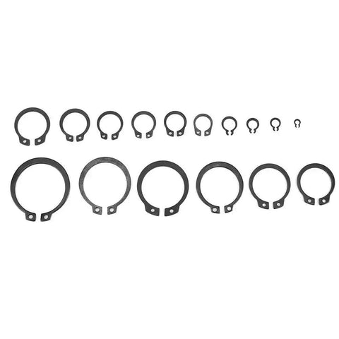 Pro Grade Circlip Kit 3mm to 32mm, 150Pcs External Snap Rings Set in 18 Sizes, Black C Clip Retaining Rings displayed in various sizes