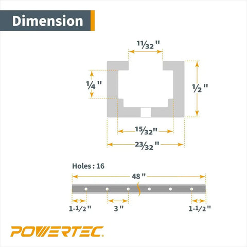 Dimensions diagram of Heavy Duty 48 Inch Aluminum T Track Set For Woodworking, showing measurements and hole spacing.